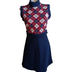 sz 8 Vintage Dress Sleeveless Argyle Turtleneck Knit Navy Red Plaid 1960's MCM